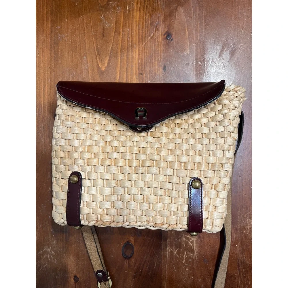 Etienne Aigner Vintage Woven Straw Leather Crossbody Bag Oxblood Burgundy Basket - Picture 10 of 12
